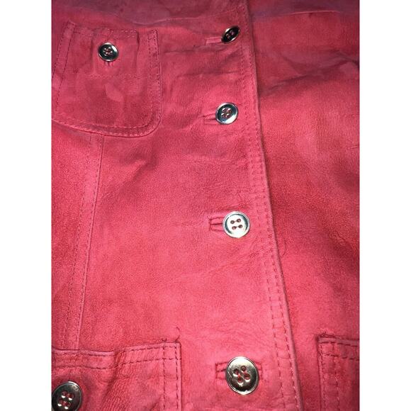 World Knits Suede Coat Women’s Size 12 Red Gold Buttons Leather Jacket Vintage - Picture 4 of 15